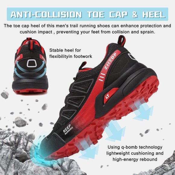 Trail Running Shoes Men Black-red Hiking Shoes Outdoor Breathable Walking Shoes - Picture 5 of 7